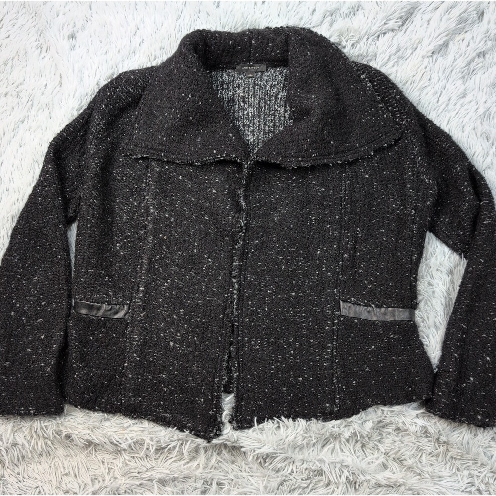 Ann Taylor Sweater Womens L Black Wool Blend Cardigan Open Front Soft Comfort